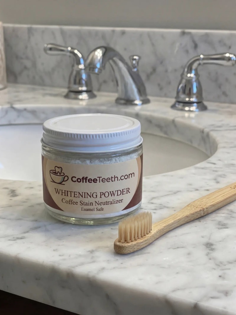 CoffeeTeeth Jar on bathroom counter